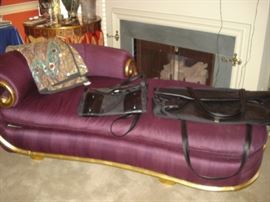 chaise lounge in purple & gold, Mercedes luggage