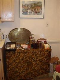 print, wine tools, brass tray