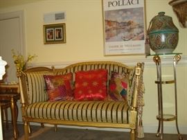 Italian settee , glass brass  tall stand