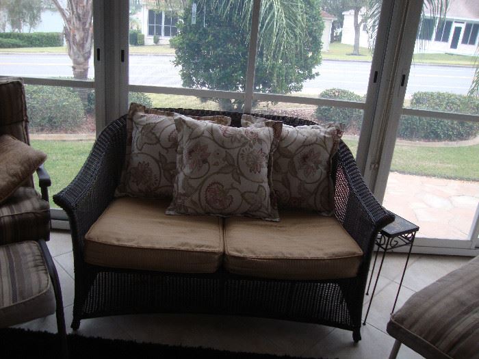 All weather wicker love seat with cushions 