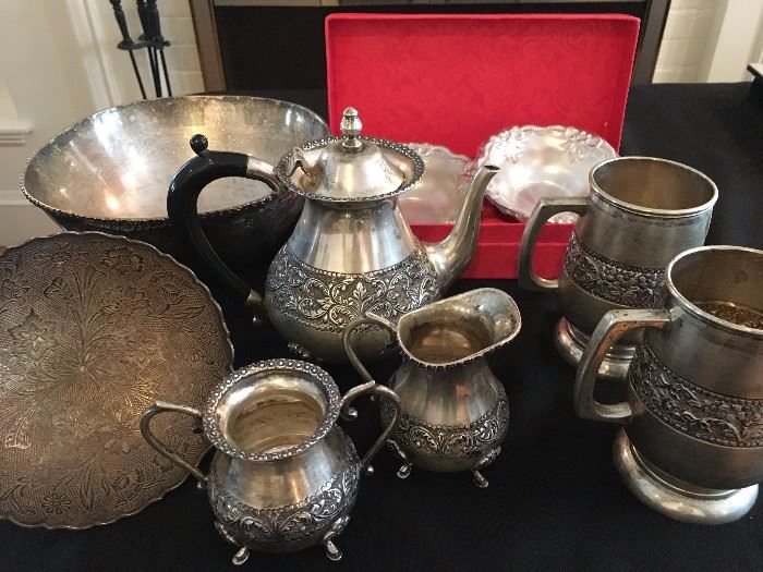 Sterling Tea Set, Beer Mugs, Bowl and Decorative Dish 