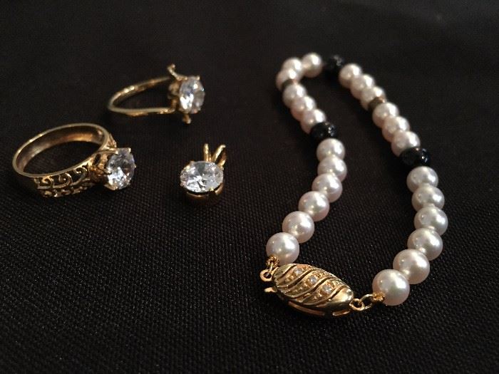 14k Rings and Pendant (not diamonds), Mikimoto Pearl Bracelet 
