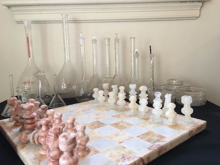 Marble Chess Set, Vintage Pyrex Lab Glass