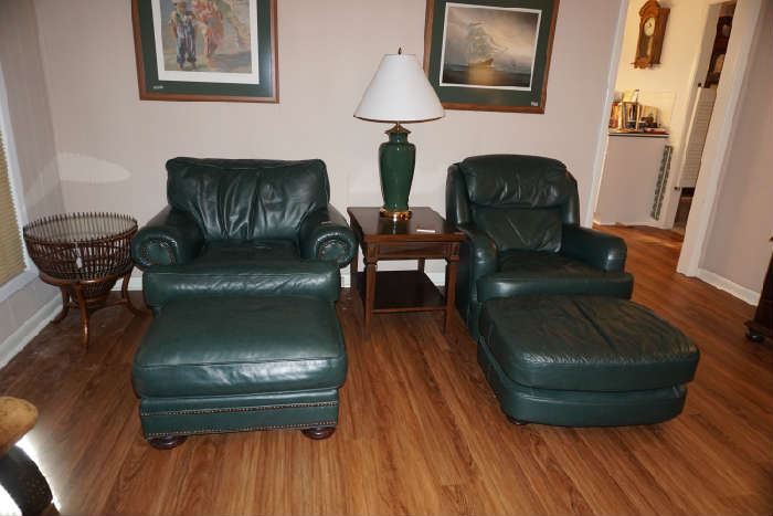 Custom crafted Club chairs and ottomans by "Classic Leather",                                                                                                     Bamboo and glass end table                                                                                                    Rare  custom made  Ricardo Lynn mid-century teak end table (circa 1965)