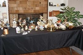 Numerous bird figurines, many by Andrea, Lennox, solid copper watering can made in USA