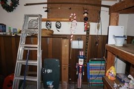 Ladder, vintage custom made  fishing pole with Garcia reel, box of screen wire