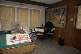 Pool table, game table/bumper pool, 4 directors chairs  Tapestry wall hanging