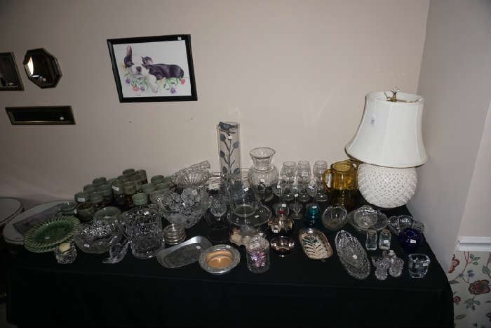 Assorted crystal serving dishes , stemware, potteryware