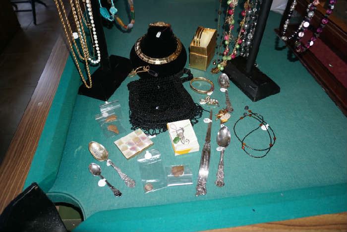 Assorted costume jewelry, souvenir spoons, letter opener, black beaded & sequin bag, arrow heads,