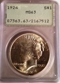 1924 Graded MS63 Peace Silver Dollar