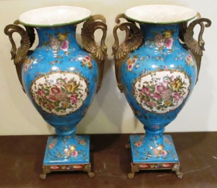 Pair swan adorned Sevres vases