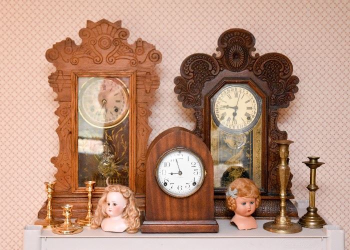 Clocks, Dolls, Brass Candlesticks