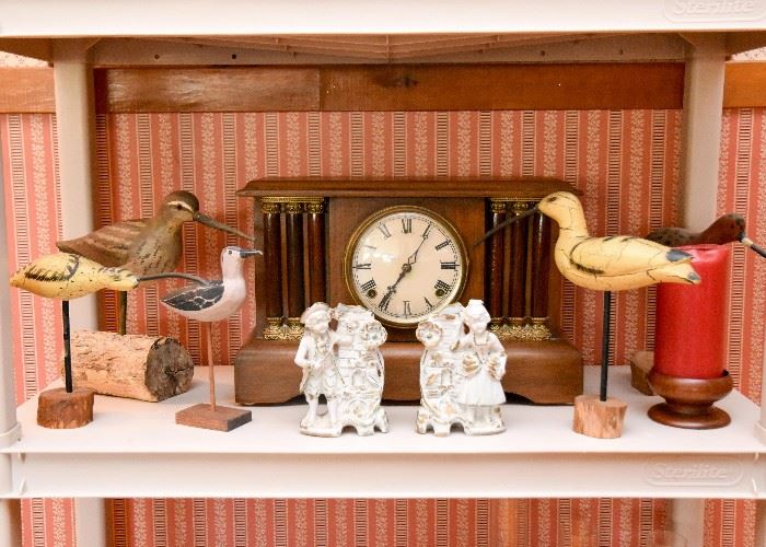 Shelf/ Mantle Clock, Carved Bird Sculptures, Porcelain