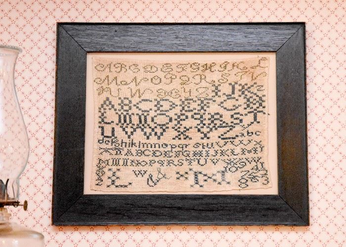 SOLD-Lot #107, Framed Antique Needlepoint / Embroidery Sampler, $60