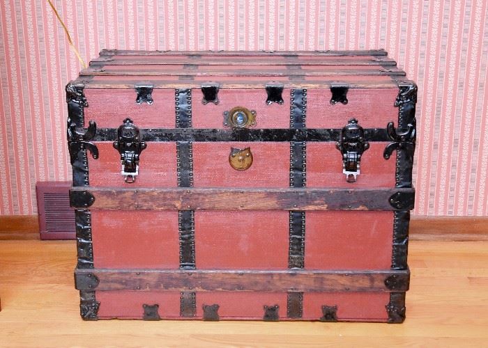 BUY IT NOW! Lot #113, Steamer Trunk (Rusty Red Paint) with Upholstered Interior, $100