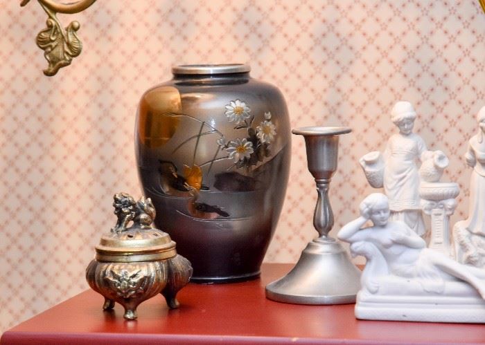 Chinese Incense Burner, Asian Vase, Pewter Candlestick