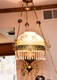 BUY IT NOW! Lot #121, Antique Victorian Oil Lamp Chandelier / Hanging Light Fixture with Prisms and Painted Glass Shade (Electrified), $350