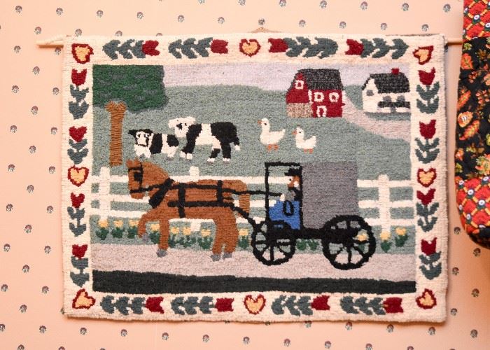 BUY IT NOW! Lot #129, Folk Art Hand Hooked Rug (Amish Farm Scene), $75