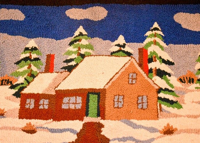 BUY IT NOW! Lot #128, Folk Art Hand Hooked Rug (Winter Scene), $100