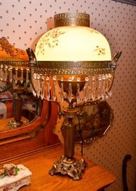 BUY IT NOW! Lot #131, Antique Victorian Oil Table Lamp with Prisms and Painted Glass Shade (Electrified), $250
