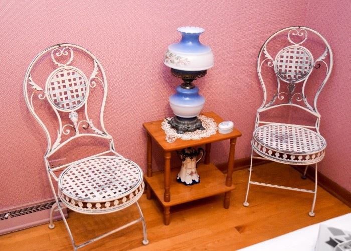 Pair of White Wrought Iron Garden Chairs, Small Wooden 2-Tier Table