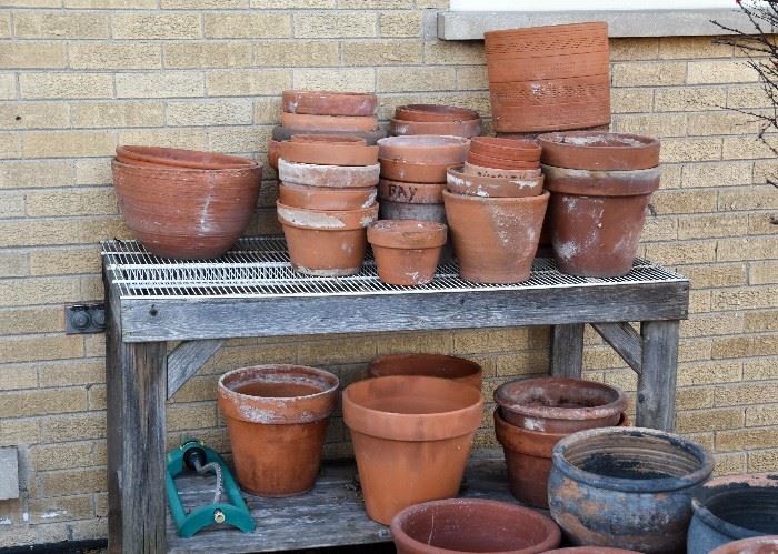 Rustic Garden Potting Bench, Terra Cotta Flower Pots / Planters