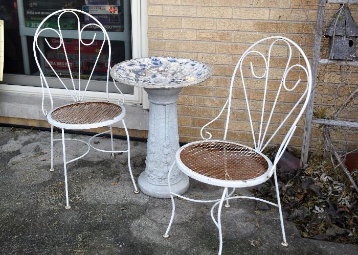 Pair of White Metal Garden / Patio Chairs, Bird Bath