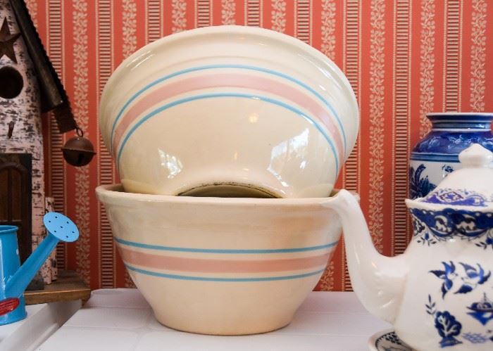 McCoy Pottery Pink & Blue Stripe Stonecraft Mixing Bowls