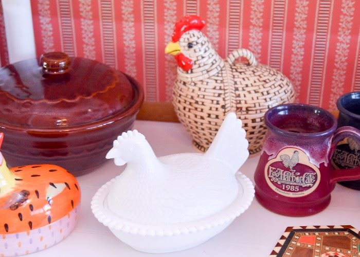 Milk Glass Nesting Hen, Pottery Chicken Jar