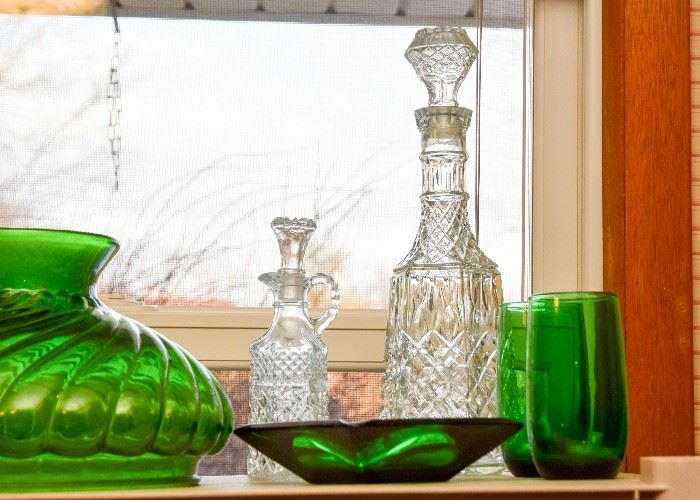 Green Glassware, Pressed Glass Decanter 
