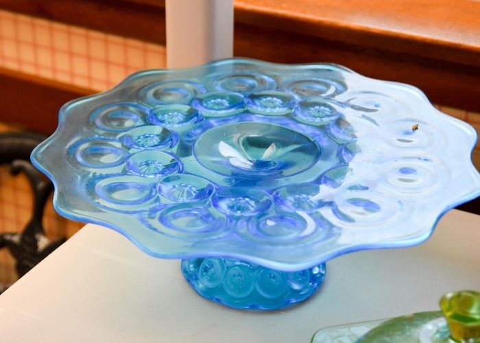 Vintage Blue Glass Cake Plate / Pedestal