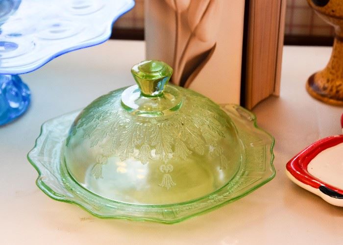 Green Depression Glass Butter / Cheese Dome Server