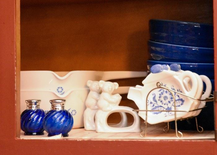 Cobalt Blue Salt & Pepper Shakers, Corningware, Napkin Rings, Tea Bag Holders, Blue Pottery Bowls