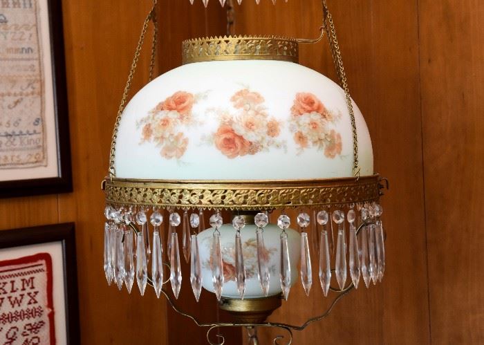 BUY IT NOW! Lot #215, Victorian Oil Lamp Chandelier / Hanging Light Fixture with Crystals (Electrified), $250