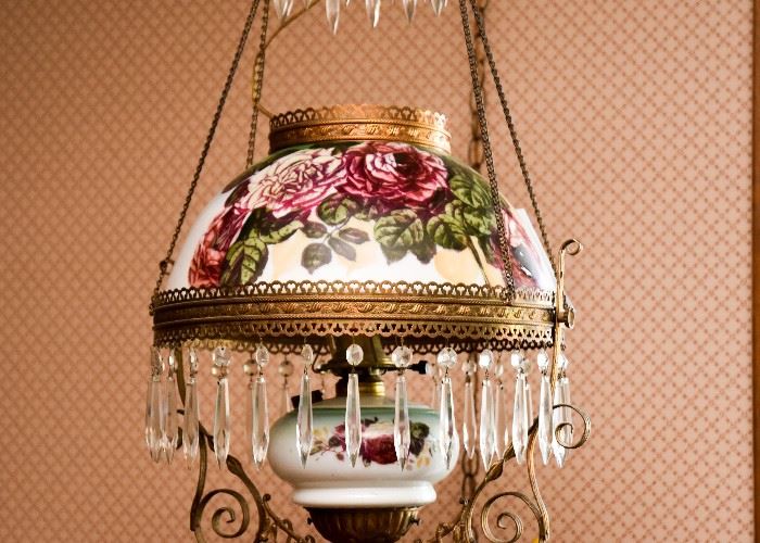 SOLD--Lot #223, Victorian Oil Lamp Chandelier / Hanging Light Fixture with Crystals (Electrified), $250