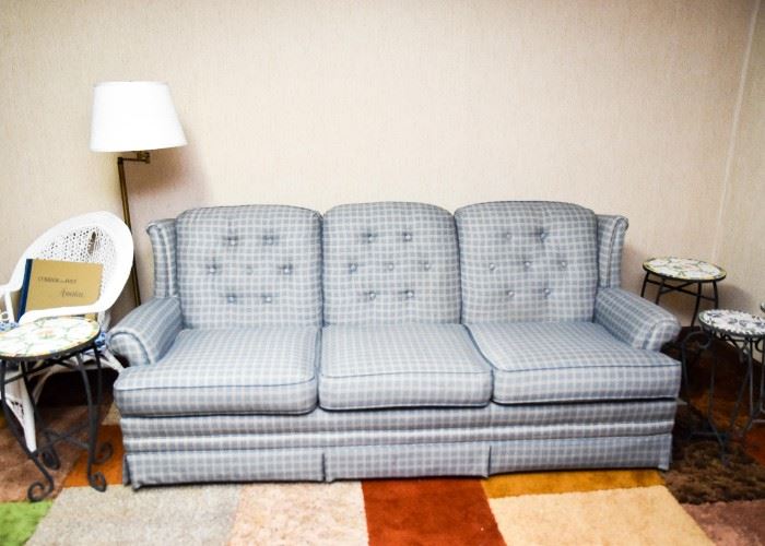 Country Blue Plaid Tufted 3-Seat Sofa