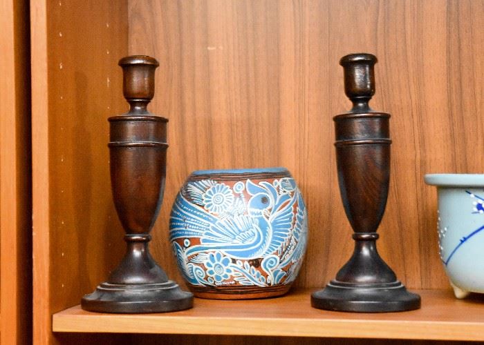 Antique Wood Candlesticks, Mexican Pottery