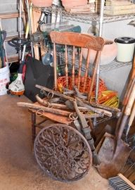Cast Iron Garden Panel, Vintage Oxen Yokes, Vintage Wood Side Chair, Garden Tools