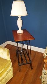 Iron & Wood Table.  Milk Glass Lamp