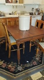 Square 5 Legged Oak Kitchen Table,  6 Gallon Crock Jug