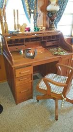 Oak "S" Roll Desk, Oak Office Chair, Glass, Hand Carved Toys, Shoe Lass, Lamp