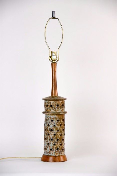 Mid Century Deena Products Walnut Pottery Lamp