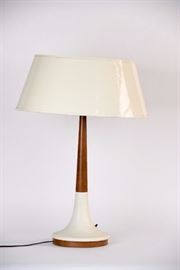 Mid Century Walnut White Pottery Lamp