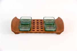 Dansk Teak Tray With Glass Bowls