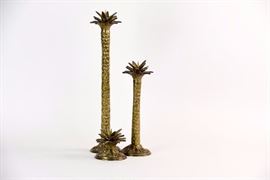 Set Of Three Brass Palm Tree Candlesticks