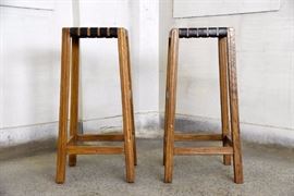 Two Webbed Leather Bar Stools