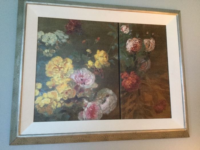 “La Vie en Rose” silver scroll framed original art by Longo of multiple blooming roses separated in two sections by vertical black line, linen matting 