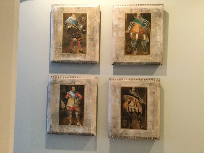“Les Quatuahommes I, II, III, IV  by Augustine, framed artwork of figures dressed in fine clothes with a family crest accent, pencil Latin script on border, 20 x 24. Additional artwork for sale not pictured.