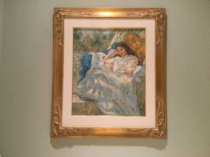 One of many  artworks for sale: Original art by famed Polish-born artist, Miriam Briks, gilt frame with linen matting, girl reading while reclining in hammock