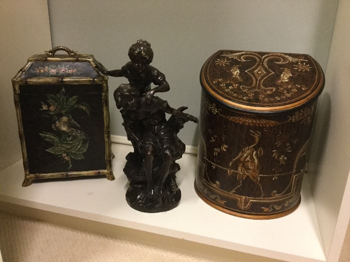 Bronze figures of boy and girl, decorative wooden boxes, one with cover, and the other with a hinged top, painted with bird and floral motif